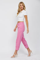 Wide Leg High Rise Tummy Tuck Cropped Cuffed Jeans - Mica - RARA Boutique 