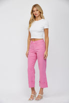 Wide Leg High Rise Tummy Tuck Cropped Cuffed Jeans - Mica - RARA Boutique 