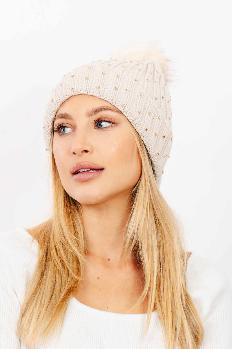 Rhinestone Pom-Pom Knit Beanie - RARA Boutique 