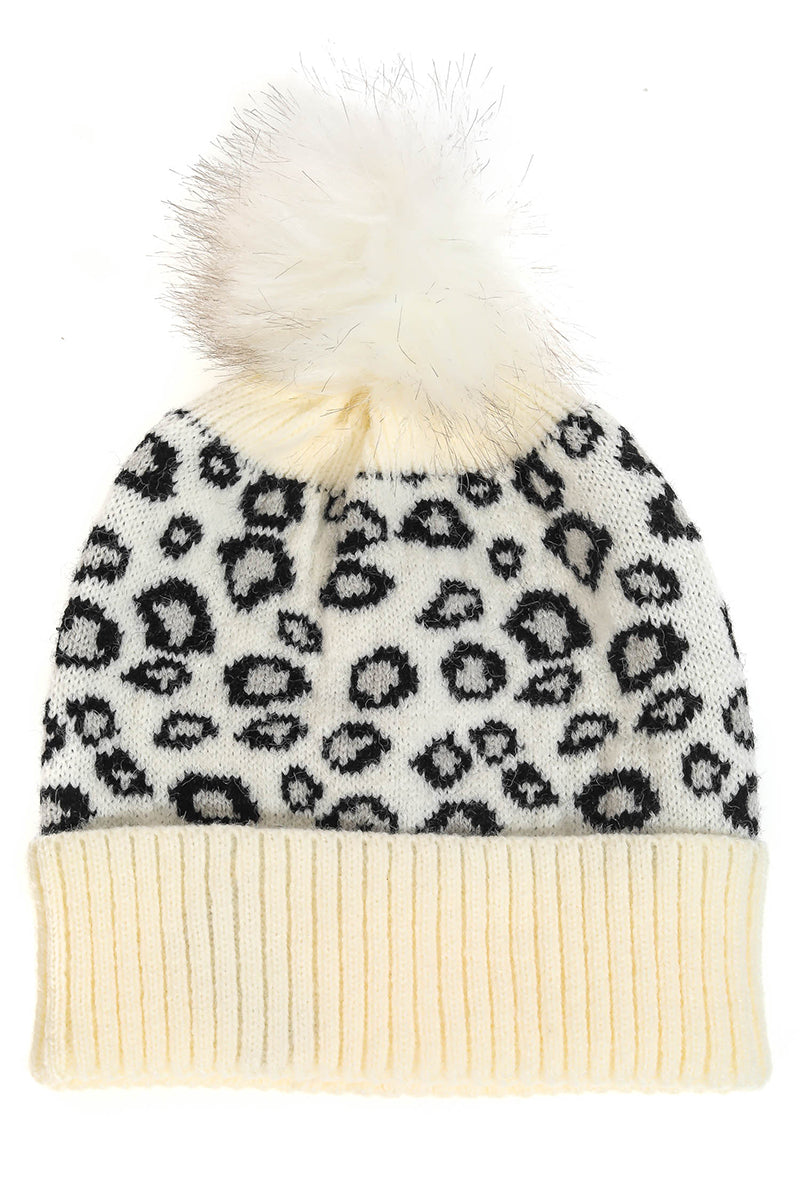 Leopard Print Pom-Pom Beanie - RARA Boutique 