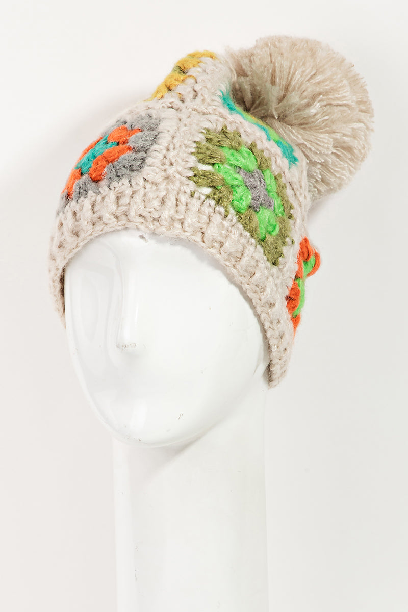 Crochet Granny Square Pom-Pom Beanie - RARA Boutique 