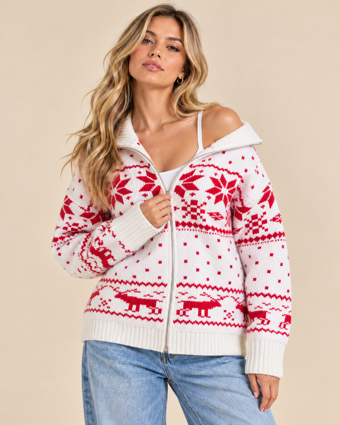 Off-shoulder Christmas Fair Isle knit sweater jacket by RARA Boutique, featuring festive Nordic patterns and a cozy, stylish fit.