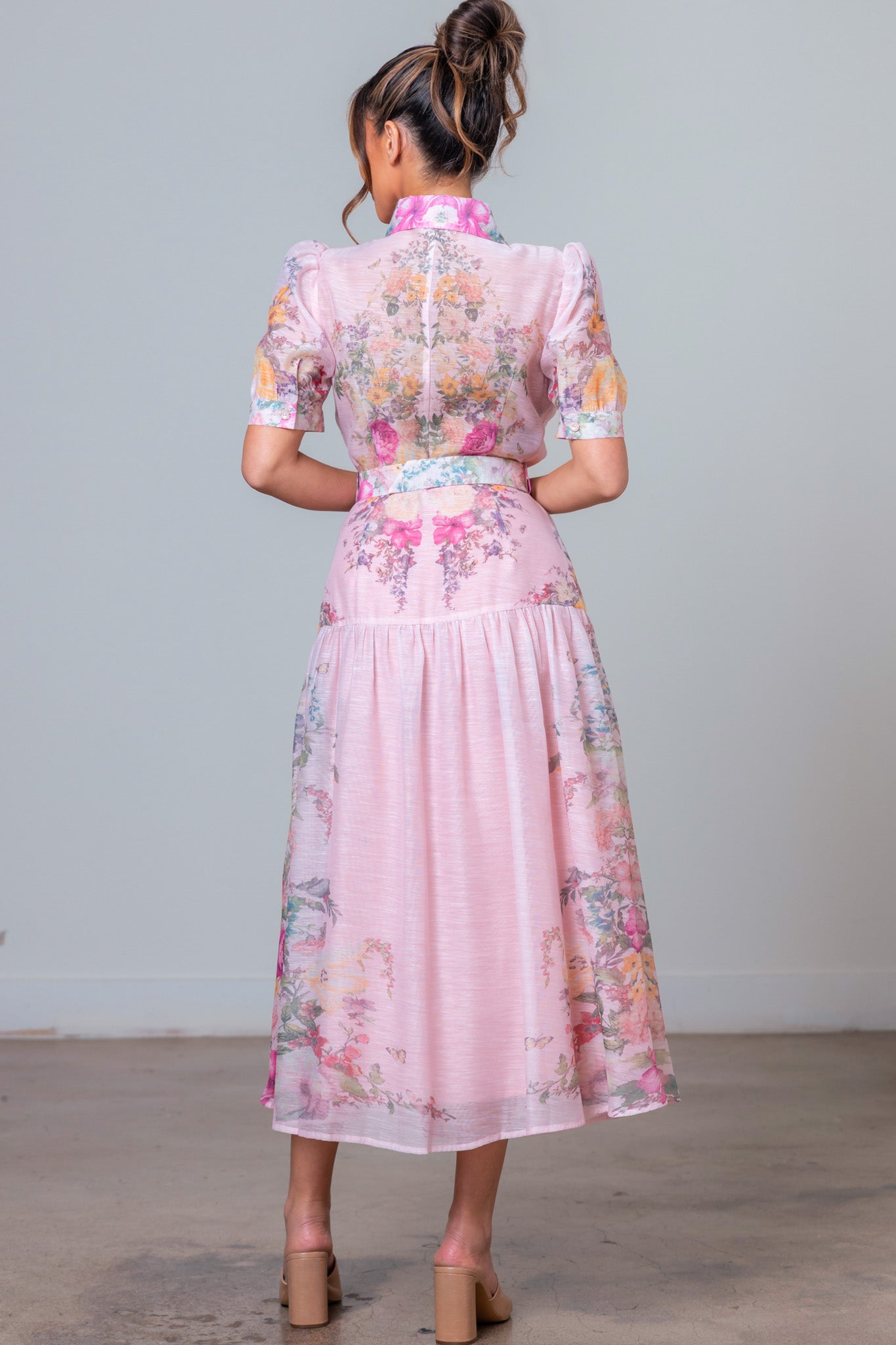 Floral Button Front Midi Dress with Crystal Belt - A. Peach - RARA Boutique 