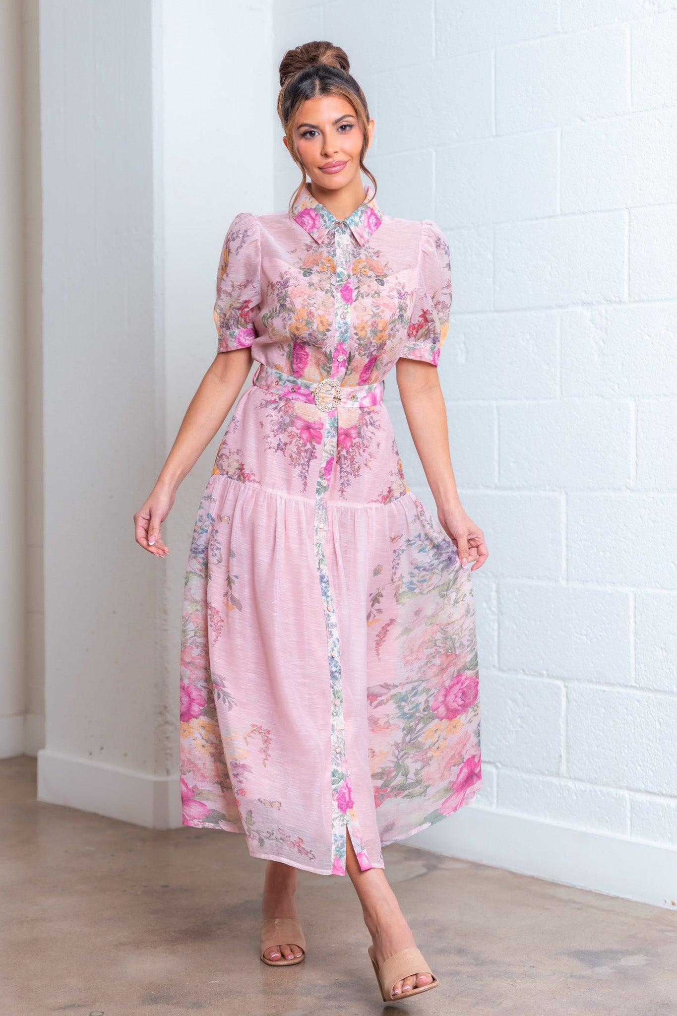 Floral Button Front Midi Dress with Crystal Belt - A. Peach - RARA Boutique 