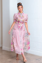 Floral Button Front Midi Dress with Crystal Belt - A. Peach - RARA Boutique 