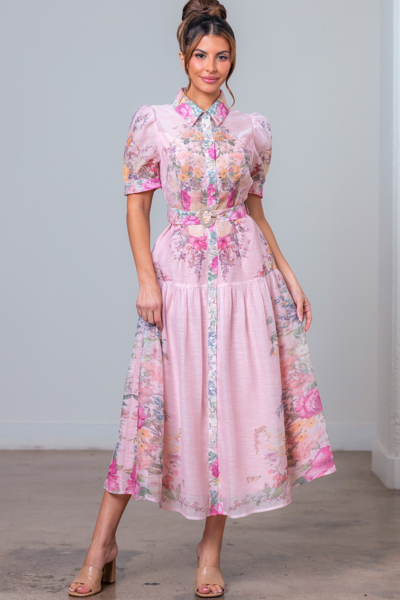 Floral Button Front Midi Dress with Crystal Belt - A. Peach - RARA Boutique 