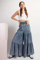 Snow Washed Denim Tiered Wide Leg Palazzo Pants - eesome - RARA Boutique 