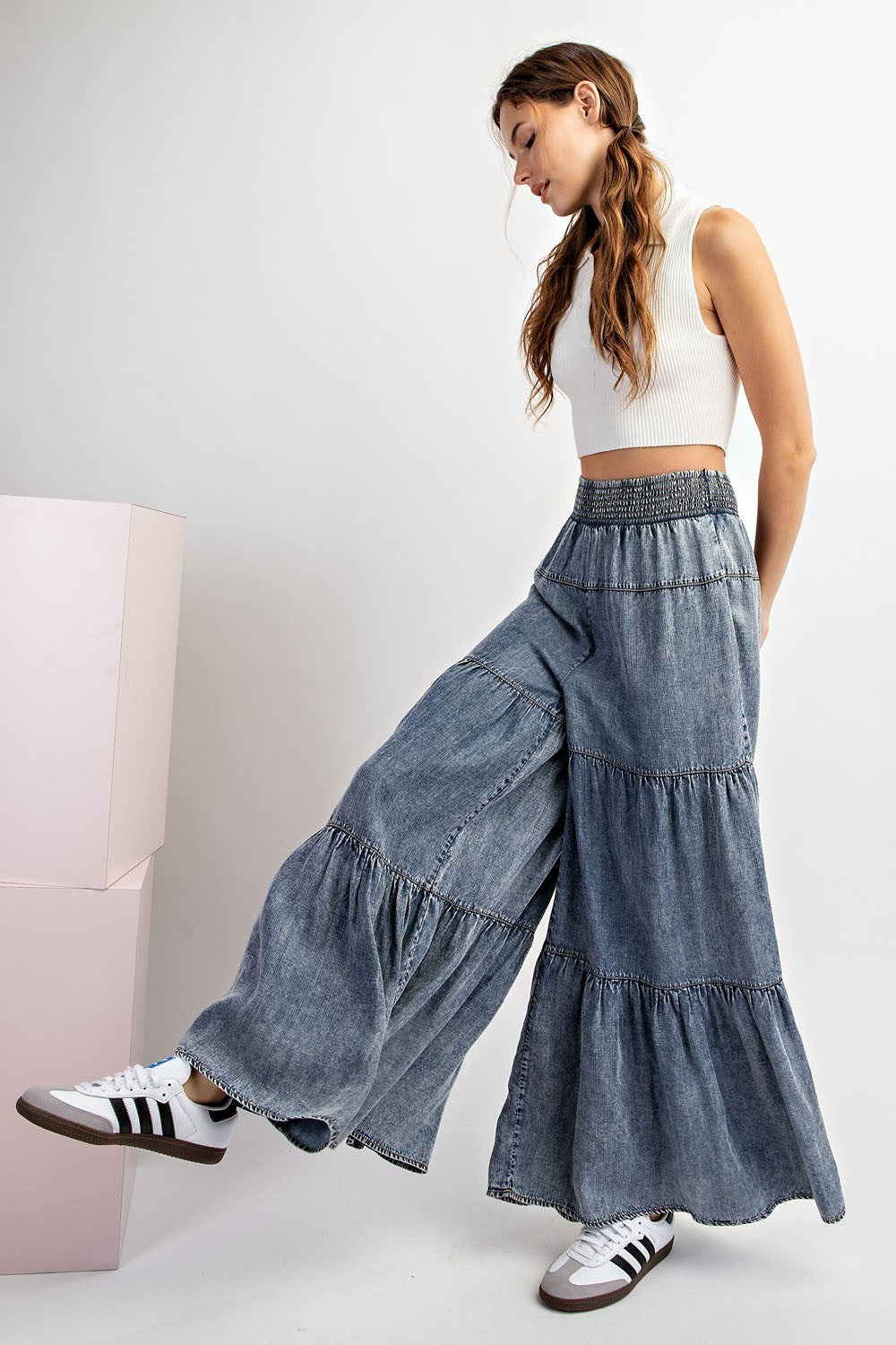 Snow Washed Denim Tiered Wide Leg Palazzo Pants - eesome