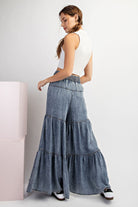 Snow Washed Denim Tiered Wide Leg Palazzo Pants - eesome - RARA Boutique 