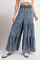 Snow Washed Denim Tiered Wide Leg Palazzo Pants - eesome - RARA Boutique 