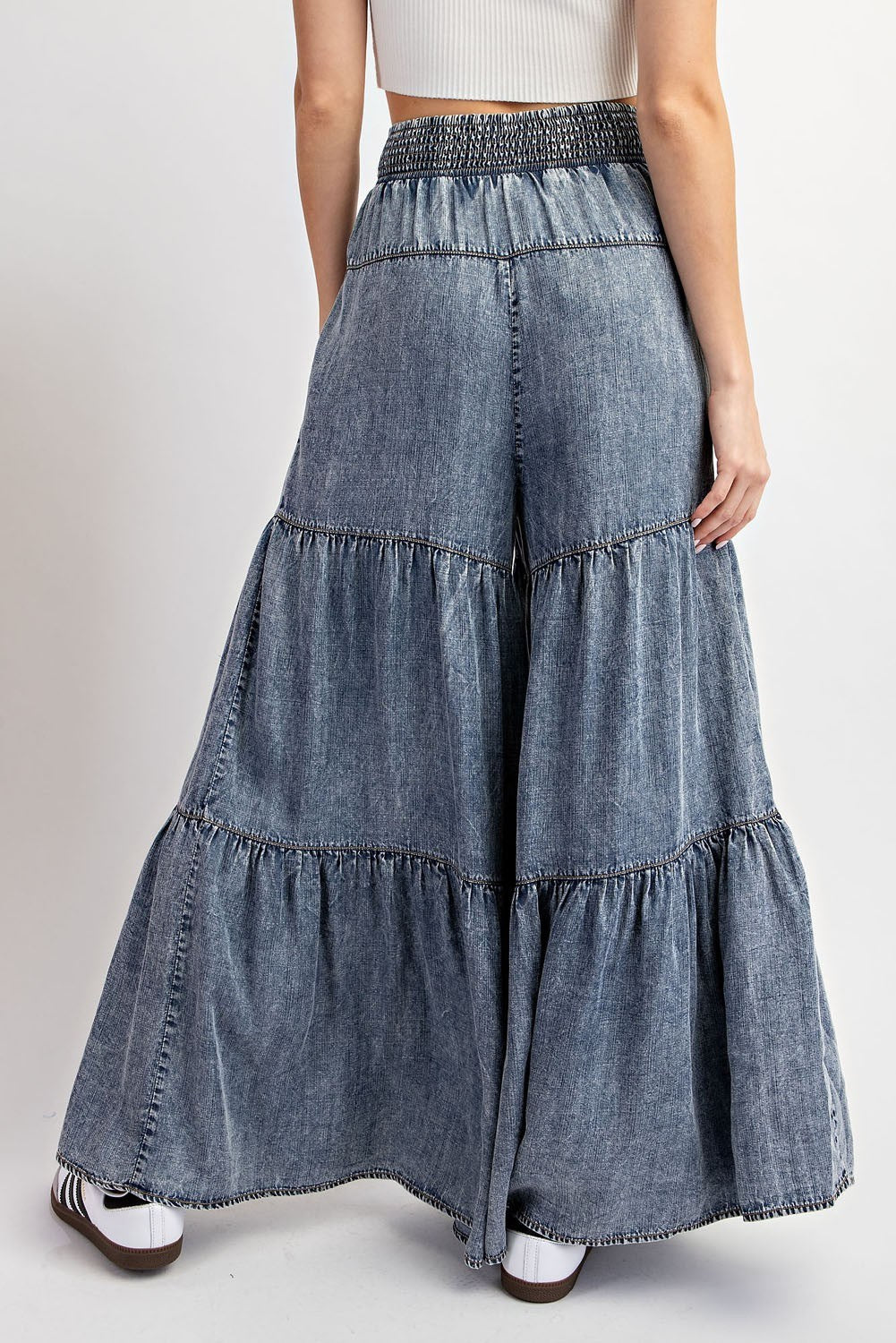 Snow Washed Denim Tiered Wide Leg Palazzo Pants - eesome - RARA Boutique 