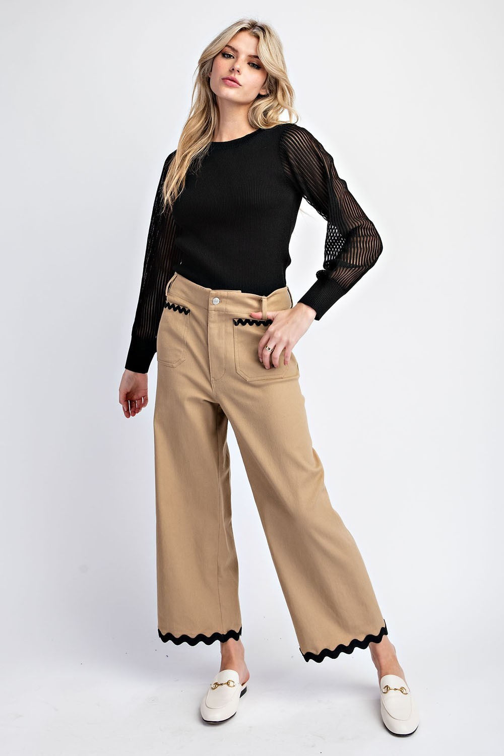 Wavy Contrast Ric Rac Trim Cropped Wide Leg Pants - eesome - RARA Boutique 