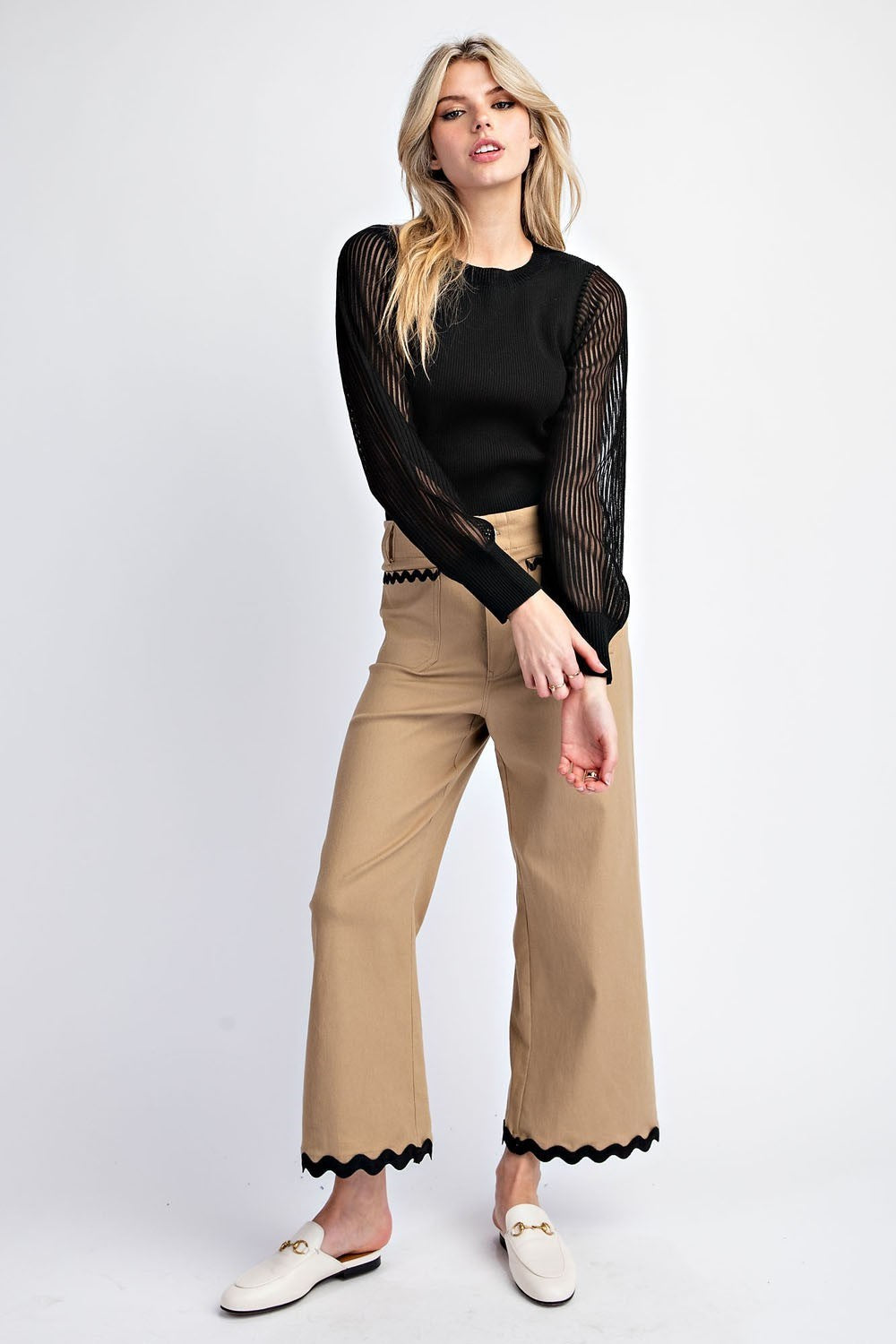 Wavy Contrast Ric Rac Trim Cropped Wide Leg Pants - eesome - RARA Boutique 