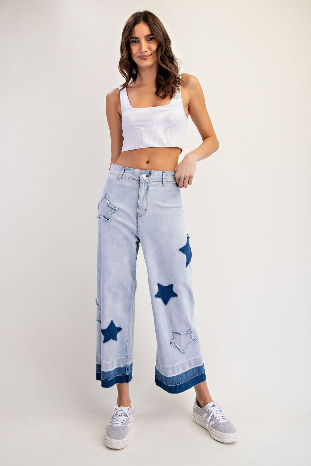 Mineral Washed Frayed Star Patch Ombre Cropped Jeans - eesome - RARA Boutique 