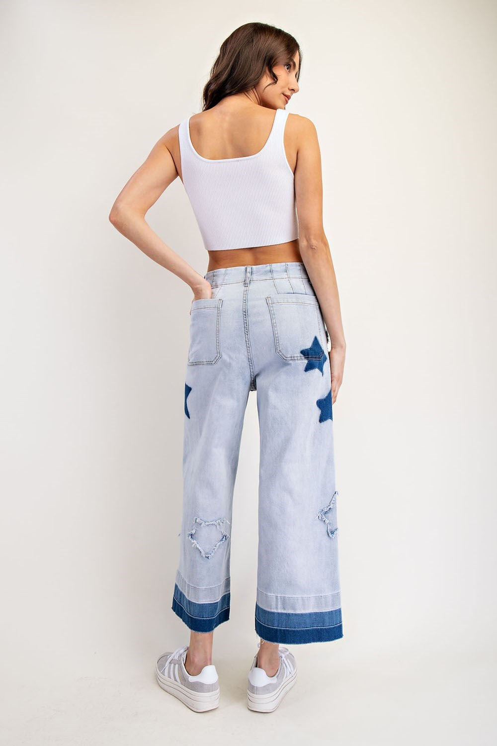Mineral Washed Frayed Star Patch Ombre Cropped Jeans - eesome - RARA Boutique 