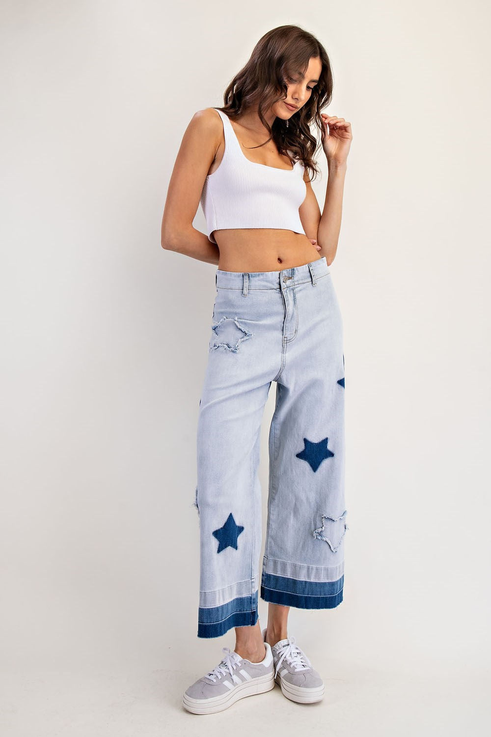 Mineral Washed Frayed Star Patch Ombre Cropped Jeans - eesome - RARA Boutique 