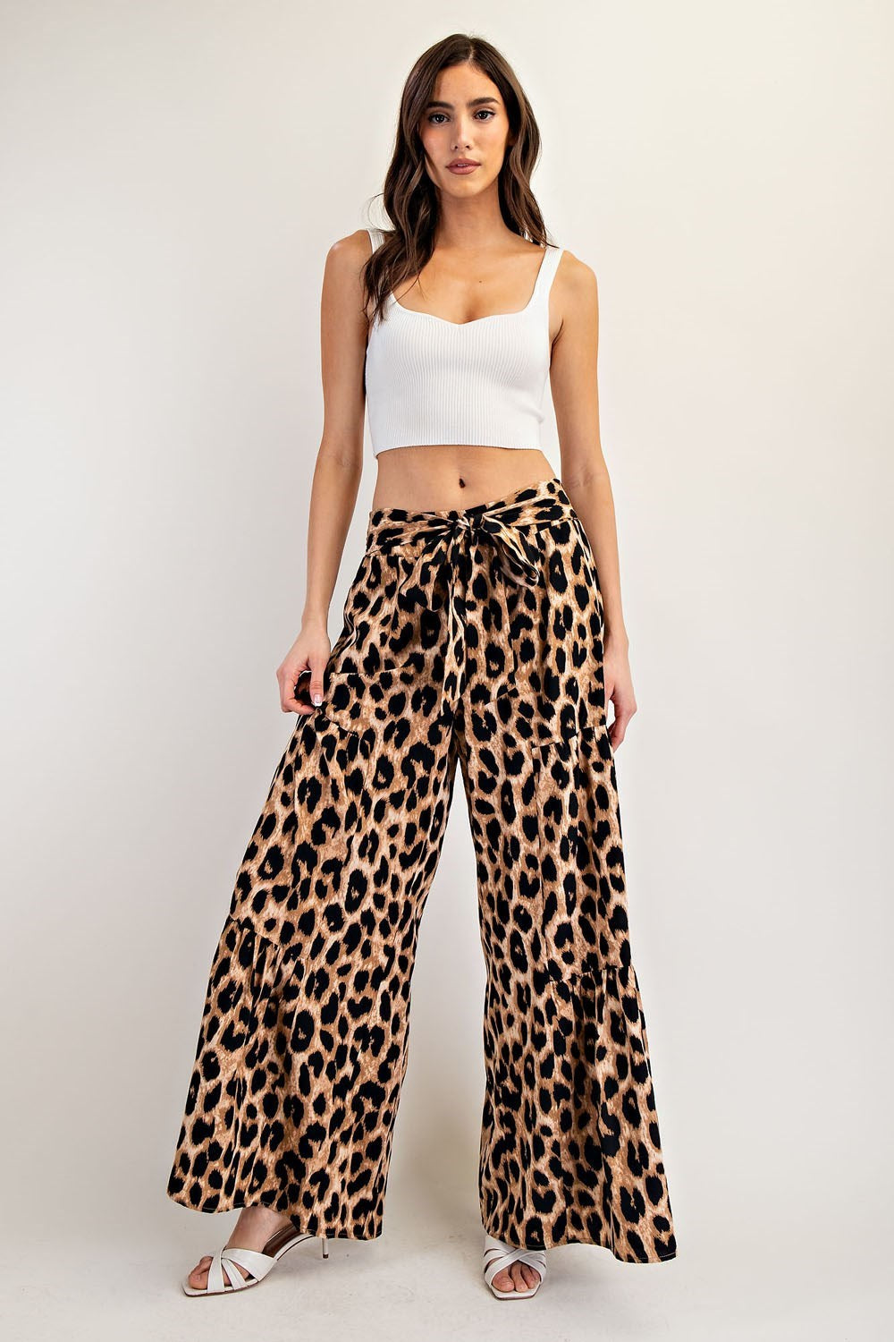 Leopard Print Tiered Wide Leg Palazzo Pants with Waist Tie - eesome - RARA Boutique 