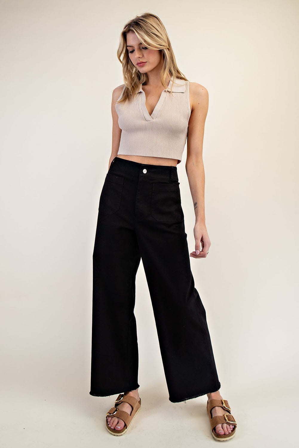 Soft Wash Straight Leg Pants with Raw Hems & Patch Pockets - eesome - RARA Boutique 