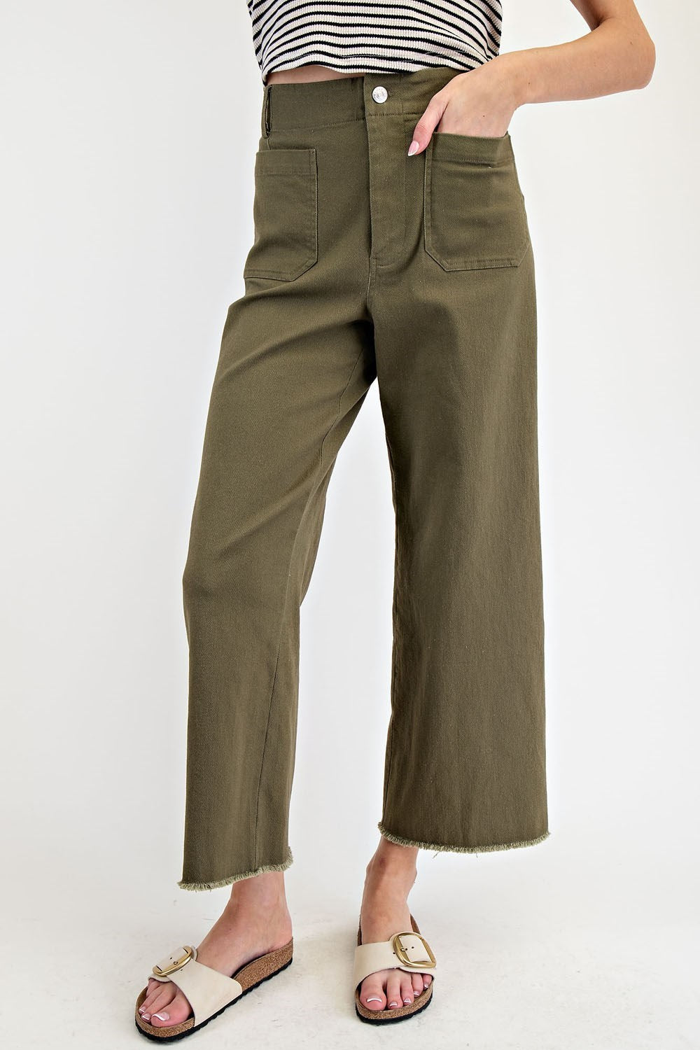 Soft Wash Straight Leg Pants with Raw Hems & Patch Pockets - eesome - RARA Boutique 