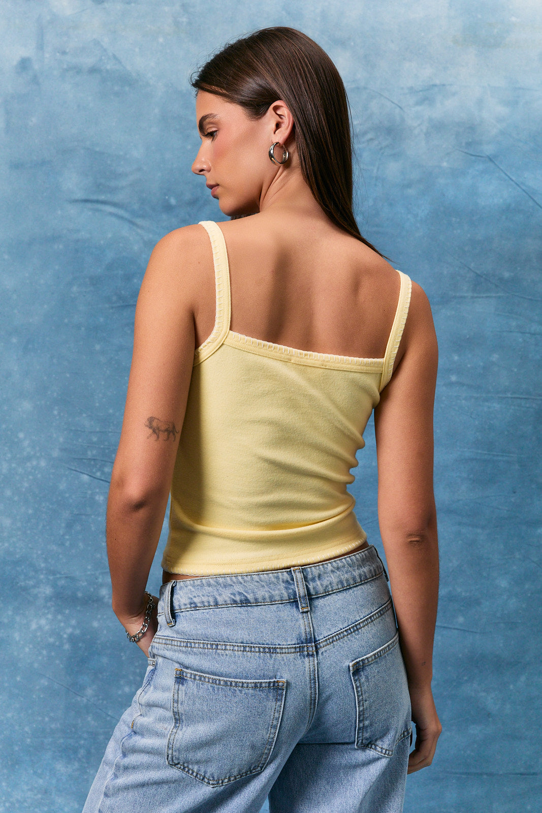 Yellow American flag patchwork cropped tank top with contrast trim by RARA Boutique, featuring a stylish sleeveless design.