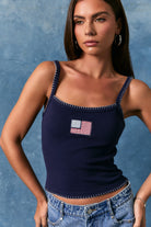 Navy American flag patchwork cropped tank top with contrast trim, featuring a sleeveless design and casual style by RARA Boutique.