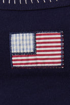 Navy American flag patchwork cropped tank top with contrast trim from RARA Boutique, featuring a stylish sleeveless design.