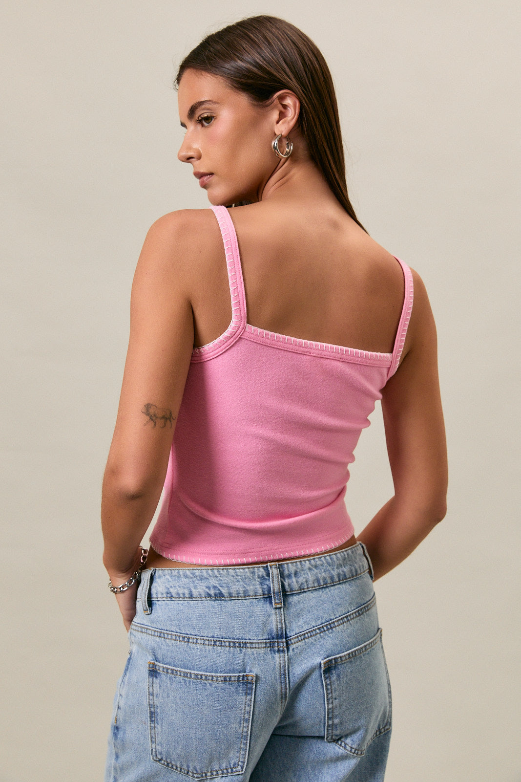 Pink American flag patchwork cropped tank top with contrast trim from RARA Boutique, featuring a stylish, casual design.