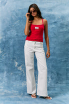 Red American flag patchwork cropped tank top with contrast trim, styled by RARA Boutique.