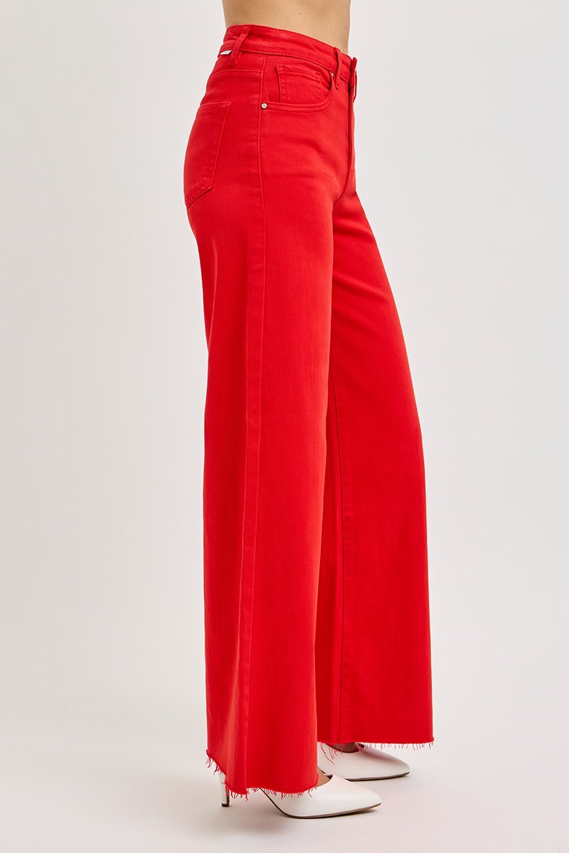 Tummy Control High Rise Wide Leg Palazzo Jeans with Raw Hem - Risen - RARA Boutique 