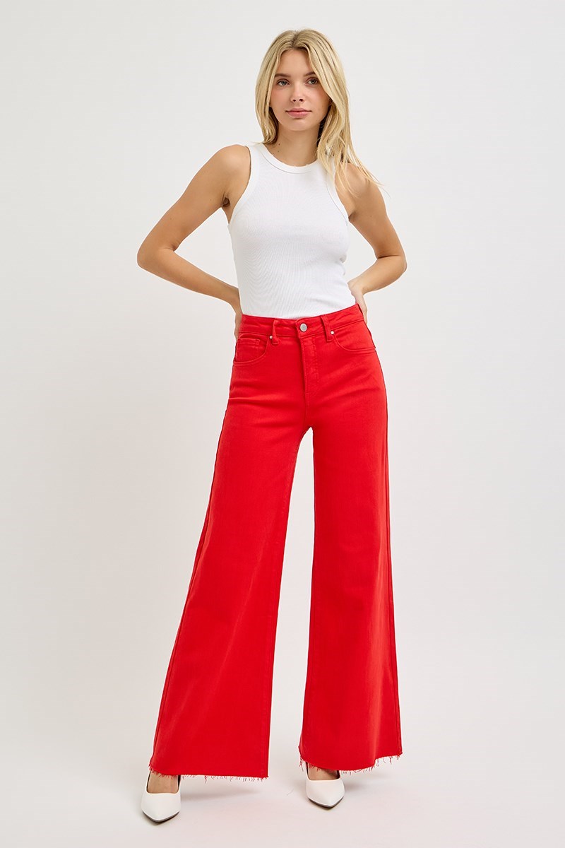 Tummy Control High Rise Wide Leg Palazzo Jeans with Raw Hem - Risen - RARA Boutique 