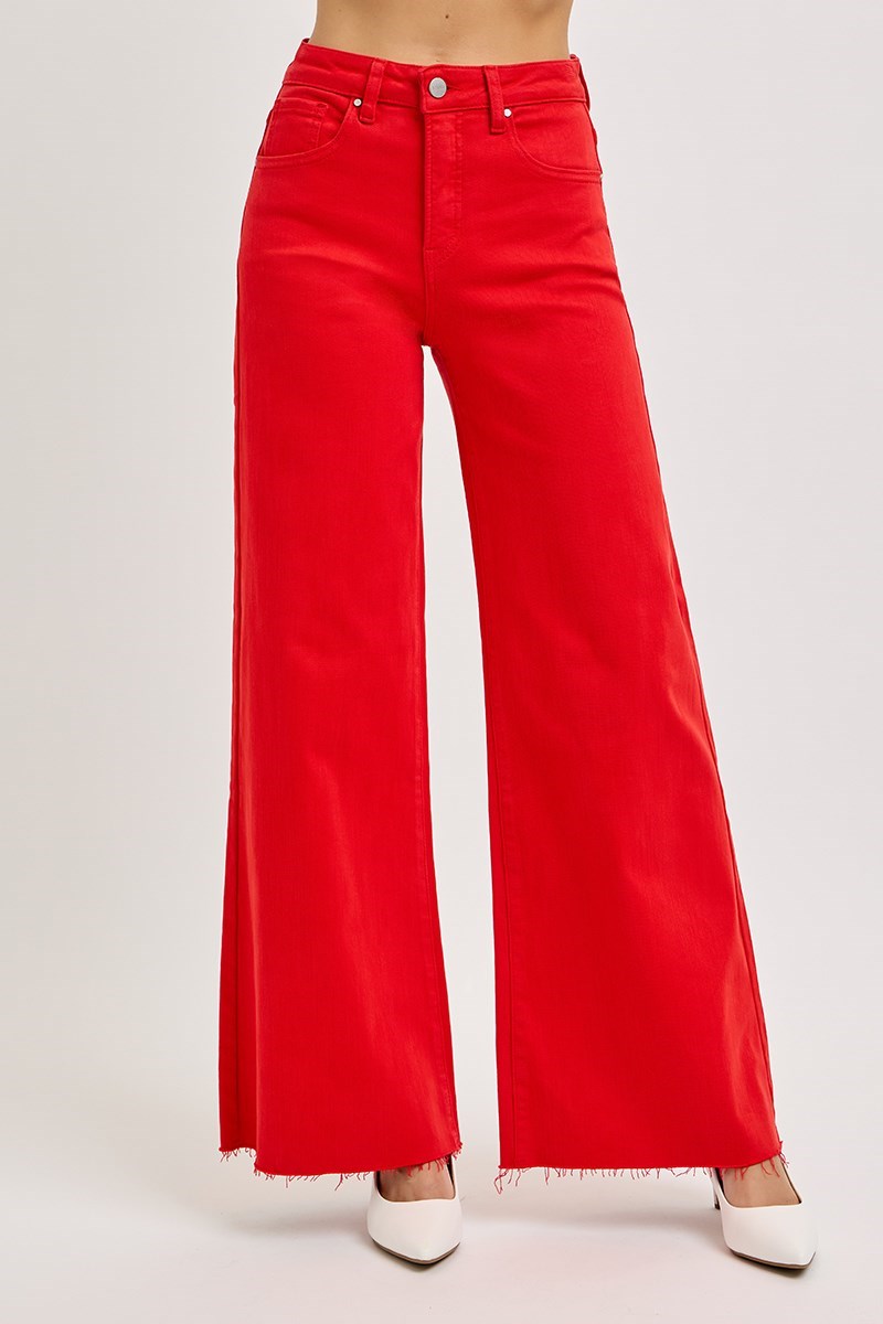 Tummy Control High Rise Wide Leg Palazzo Jeans with Raw Hem - Risen - RARA Boutique 