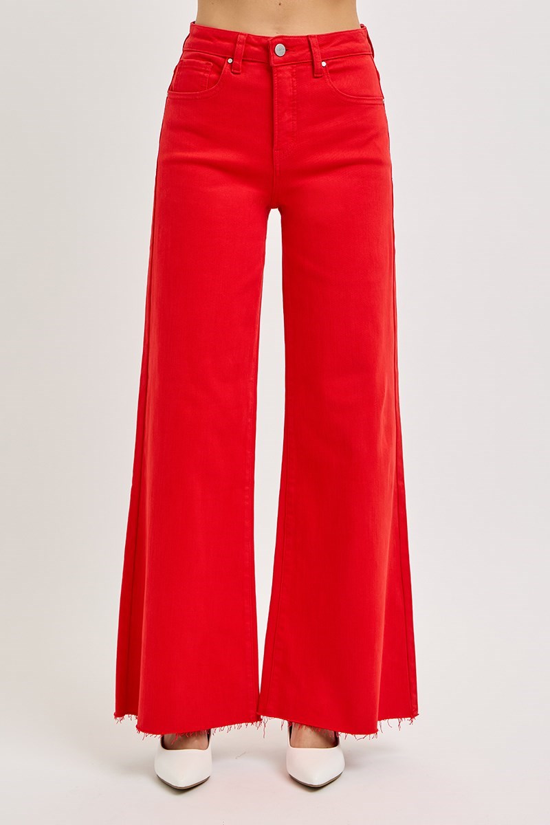 Tummy Control High Rise Wide Leg Palazzo Jeans with Raw Hem - Risen - RARA Boutique 