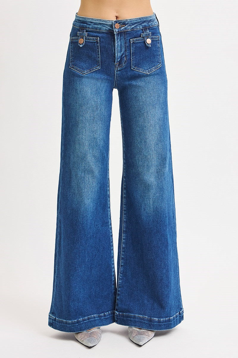 Mid Rise Wide Leg Patch Pocket Jeans - Risen - RARA Boutique 