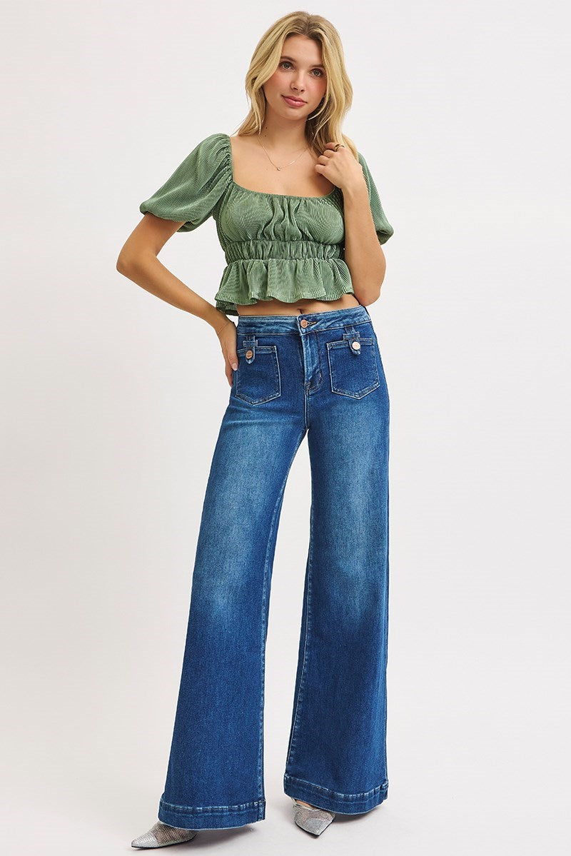Mid Rise Wide Leg Patch Pocket Jeans - Risen - RARA Boutique 