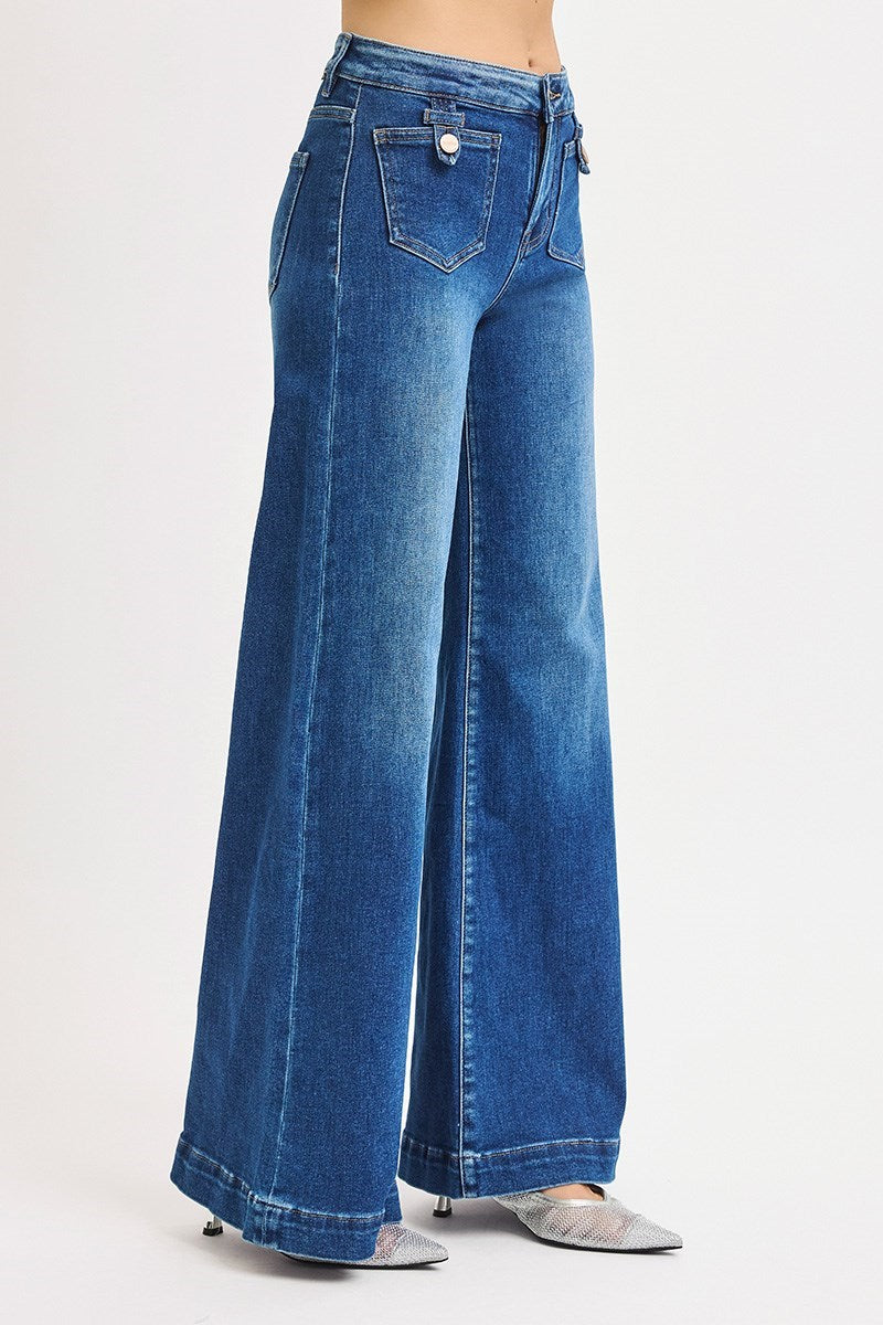 Mid Rise Wide Leg Patch Pocket Jeans - Risen - RARA Boutique 