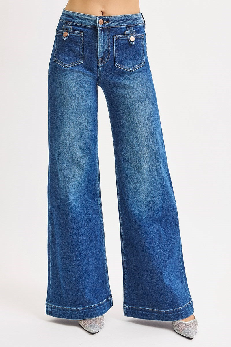 Mid Rise Wide Leg Patch Pocket Jeans - Risen - RARA Boutique 