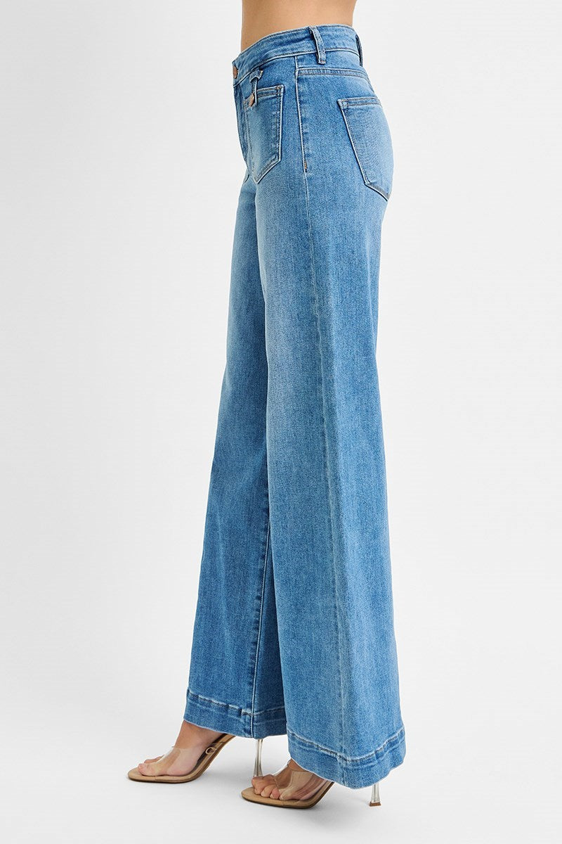 Mid Rise Wide Leg Patch Pocket Jeans - Risen - RARA Boutique 