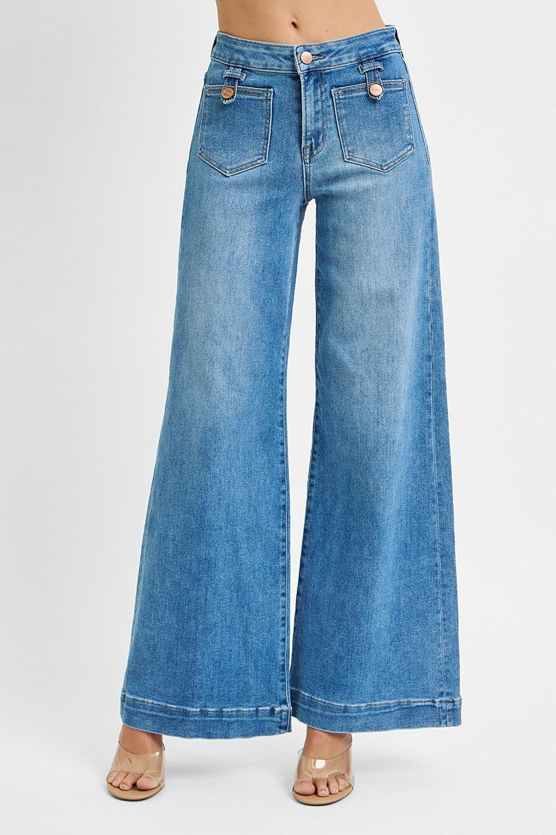 Mid Rise Wide Leg Patch Pocket Jeans - Risen - RARA Boutique 