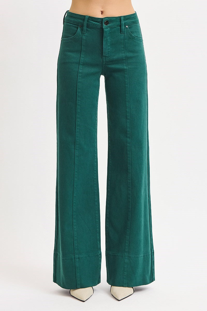 Risen Tummy Control mid-rise pin tuck wide leg jeans with wide hem in hunter green, featuring a flattering fit and stylish design