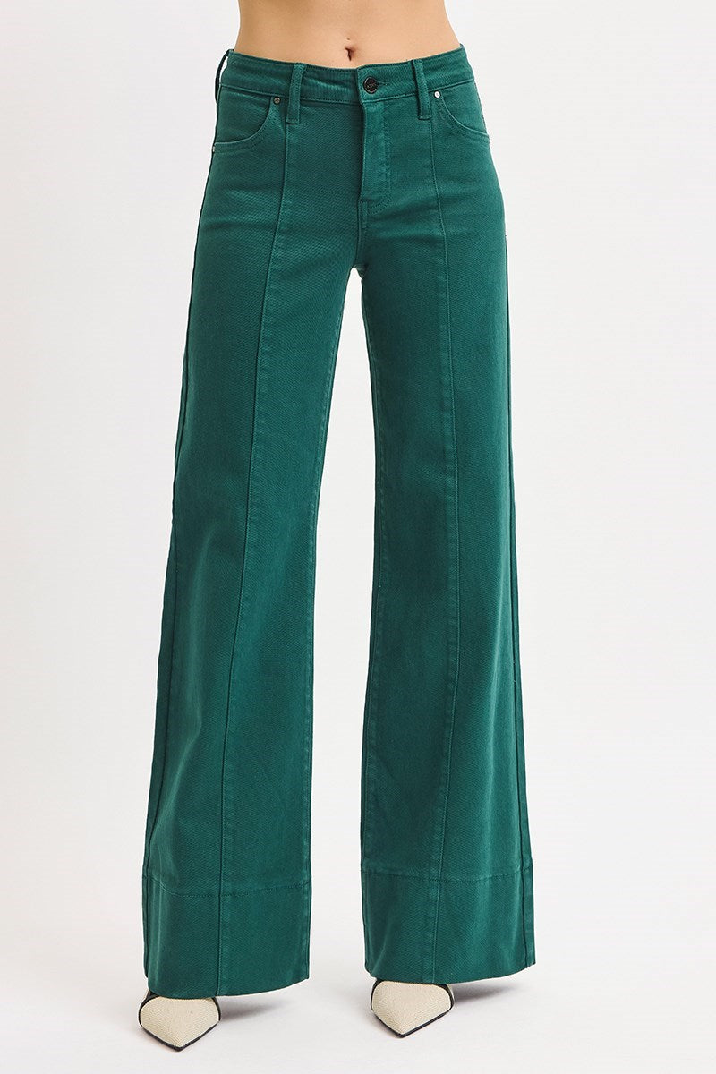 Risen Tummy Control mid-rise pin tuck wide-leg jeans with wide hem in hunter green, featuring a flattering fit and stylish design.