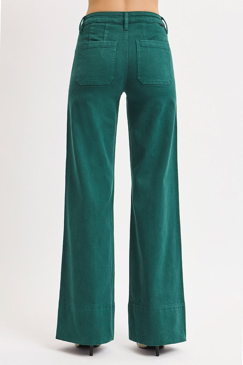 RARA Boutique Tummy Control Mid Rise Pin Tuck Wide Leg Jeans with Wide Hem in hunter green, showing front view with high waist and relaxed fit.