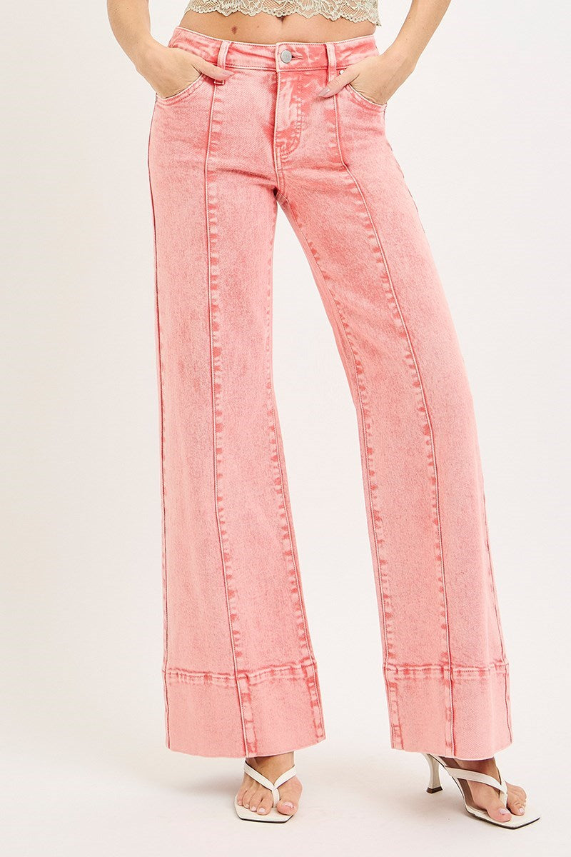 Mineral washed mid-rise wide-leg jeans with front seams from Risen, displayed on a hanger against a neutral background.