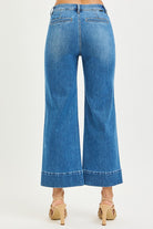 Medium Risen Pintuck Square Patch Pocket Wide Leg Cropped Jeans showing front view with patch pockets and cropped wide-leg design.