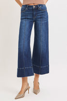 Deep blue pintuck tummy control wide-leg cropped jeans with wide hem from RARA Boutique, stylish and comfortable for casual wear.