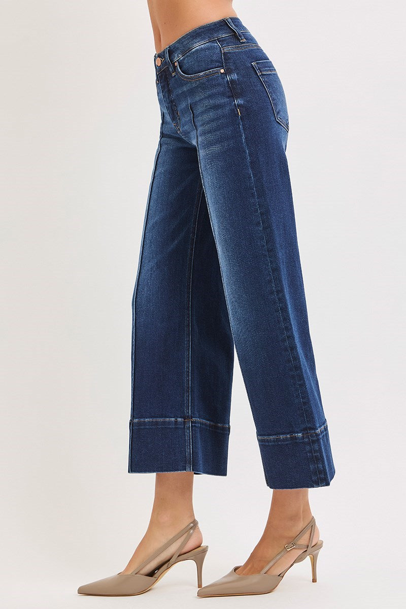 Deep blue pintuck tummy control wide leg cropped jeans with wide hem from Risen, featuring a flattering fit and stylish design.