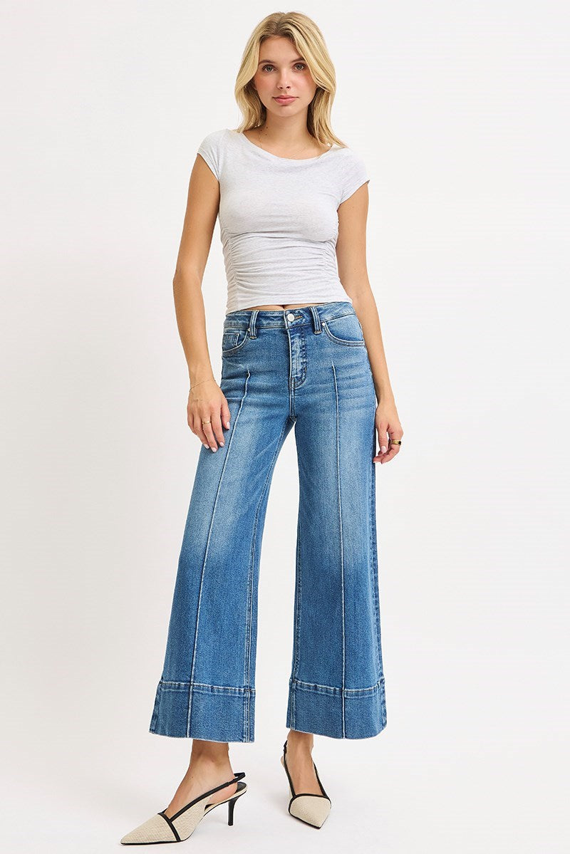 Medium shot of Risen Pintuck Tummy Control Wide Leg Cropped Jeans with wide hem, showcasing the relaxed fit and stylish design.