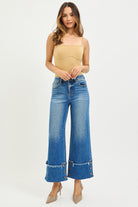 Button Detail Cuffed High Rise Cropped Wide Leg Jeans - Risen - RARA Boutique 