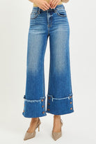 Button Detail Cuffed High Rise Cropped Wide Leg Jeans - Risen - RARA Boutique 