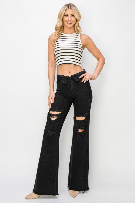 Folded Waist Distressed Wide Leg Jeans - Risen - RARA Boutique 