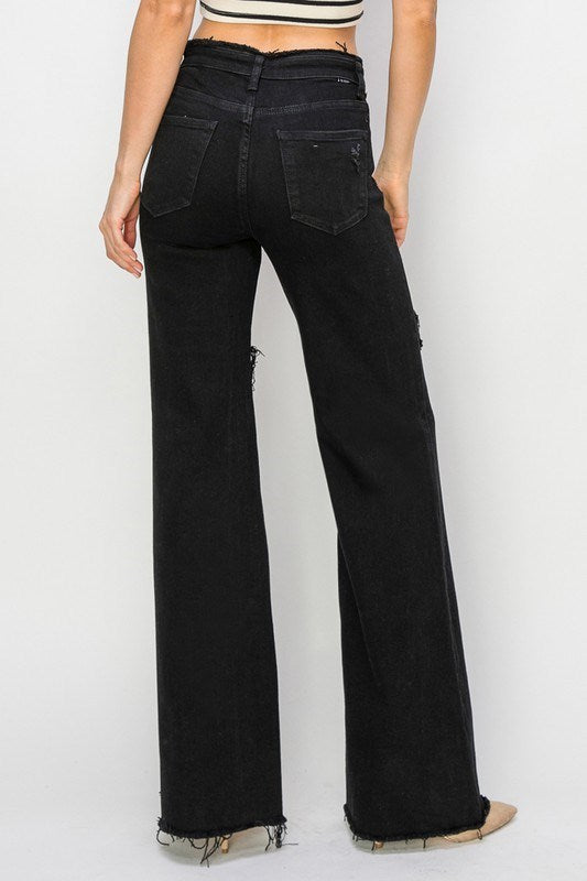 Folded Waist Distressed Wide Leg Jeans - Risen - RARA Boutique 